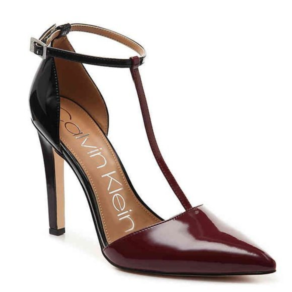 Calvin Klein Burgundy and Black Patent Leather T-Strap Pointed Toe Heels